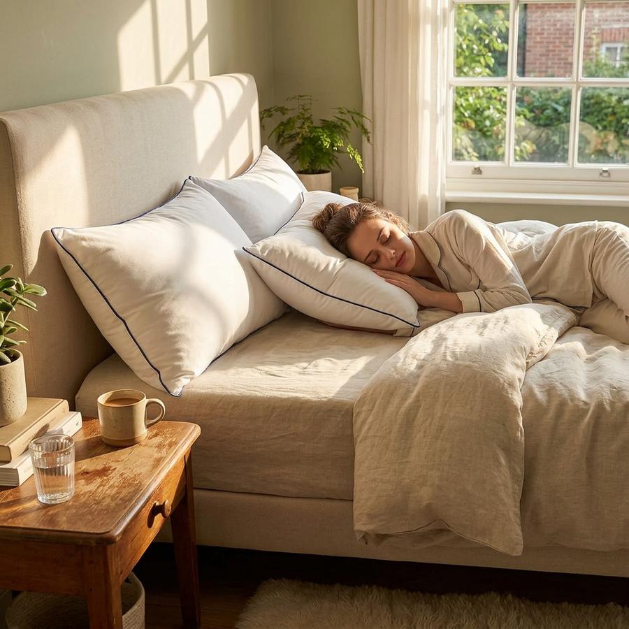 MZOIMZO Standard Size pillows arranged on luxurious linen sheets