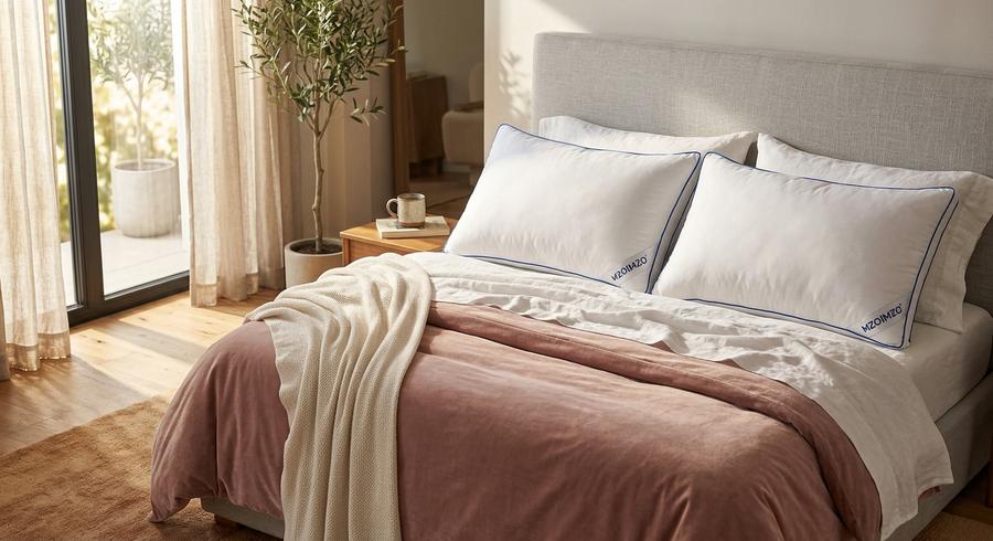 MZOIMZO King Size pillows on a bed with morning sunlight